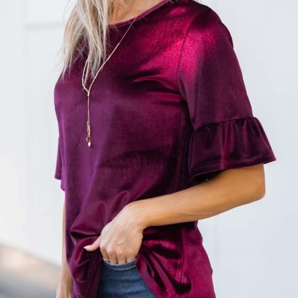 AMARYLLIS | Wine Velvet Ruffle-Accent Short-Sleeve Top (Size: Medium) - Picture 5 of 12